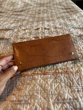 Frye Brown Leather Continental Wallet with Brushed Gold Rivets